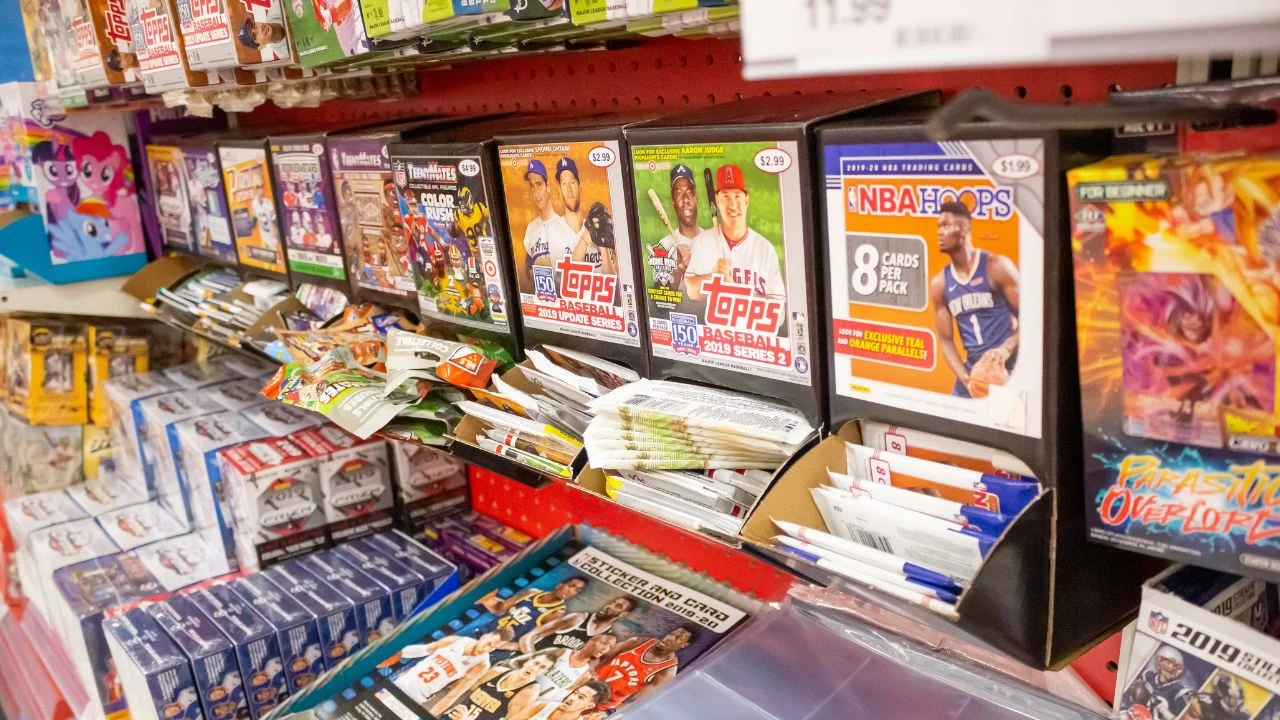 A view of a several brands of sports trading cards on display at a local department store.