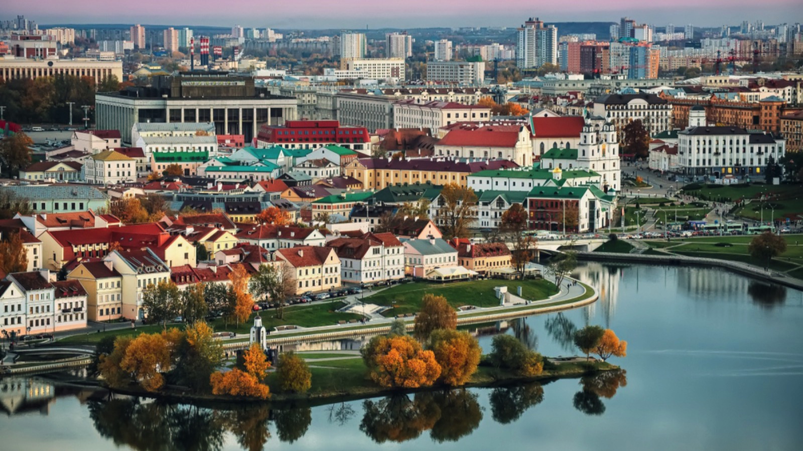 Panoramic view of the historical center of Minsk. Belarus. Sunset. Autumn