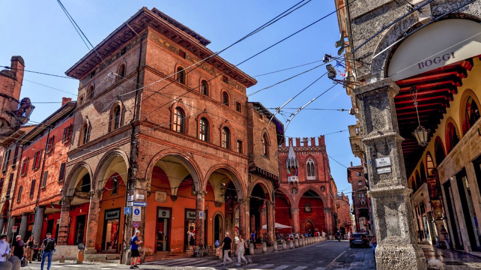 Bologna, Italy - July 9, 2022: Building facades and medieval architecture along the streets in Bologna