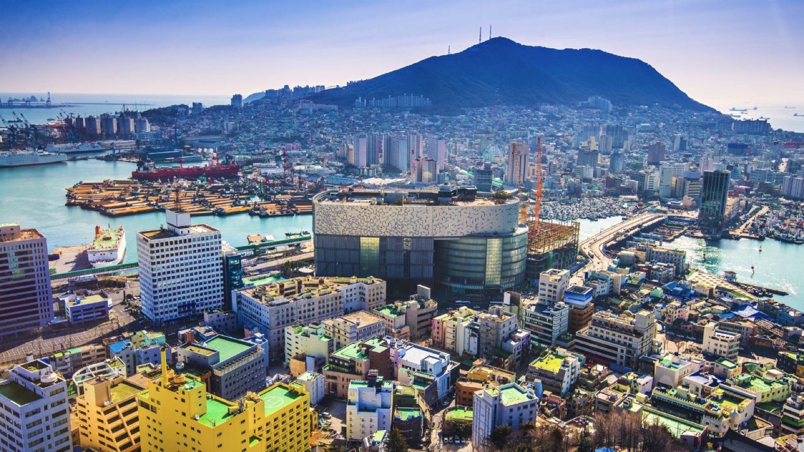 Busan, South Korea cityscape from above.