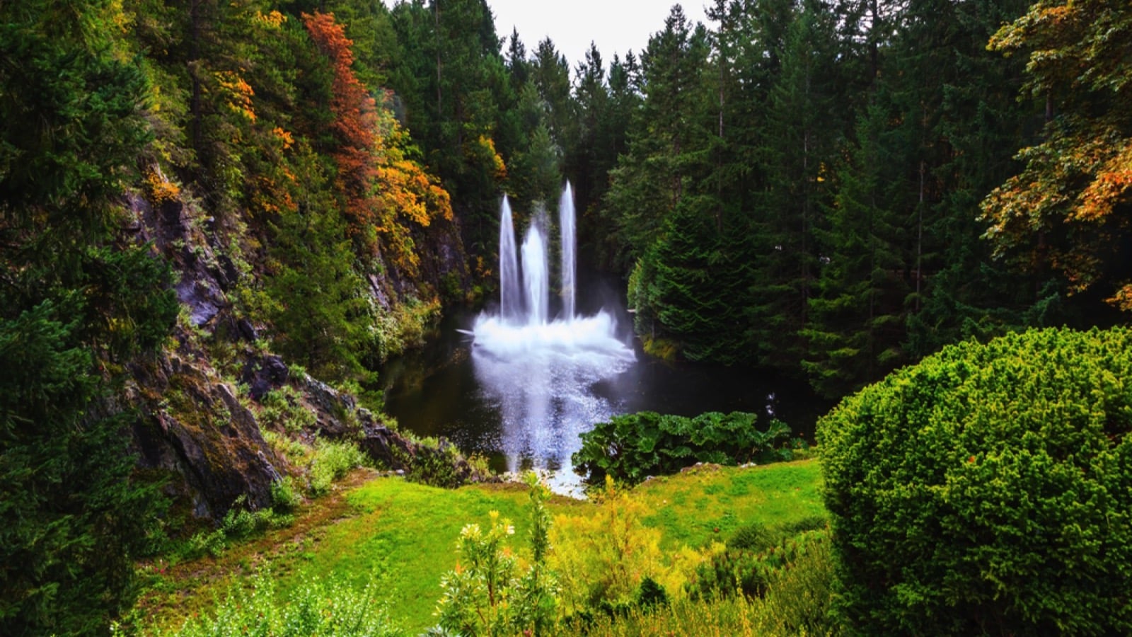 Butchart Gardens on Vancouver Island, Canada. Dancing fountain in a quiet pond. Autumn day in the park