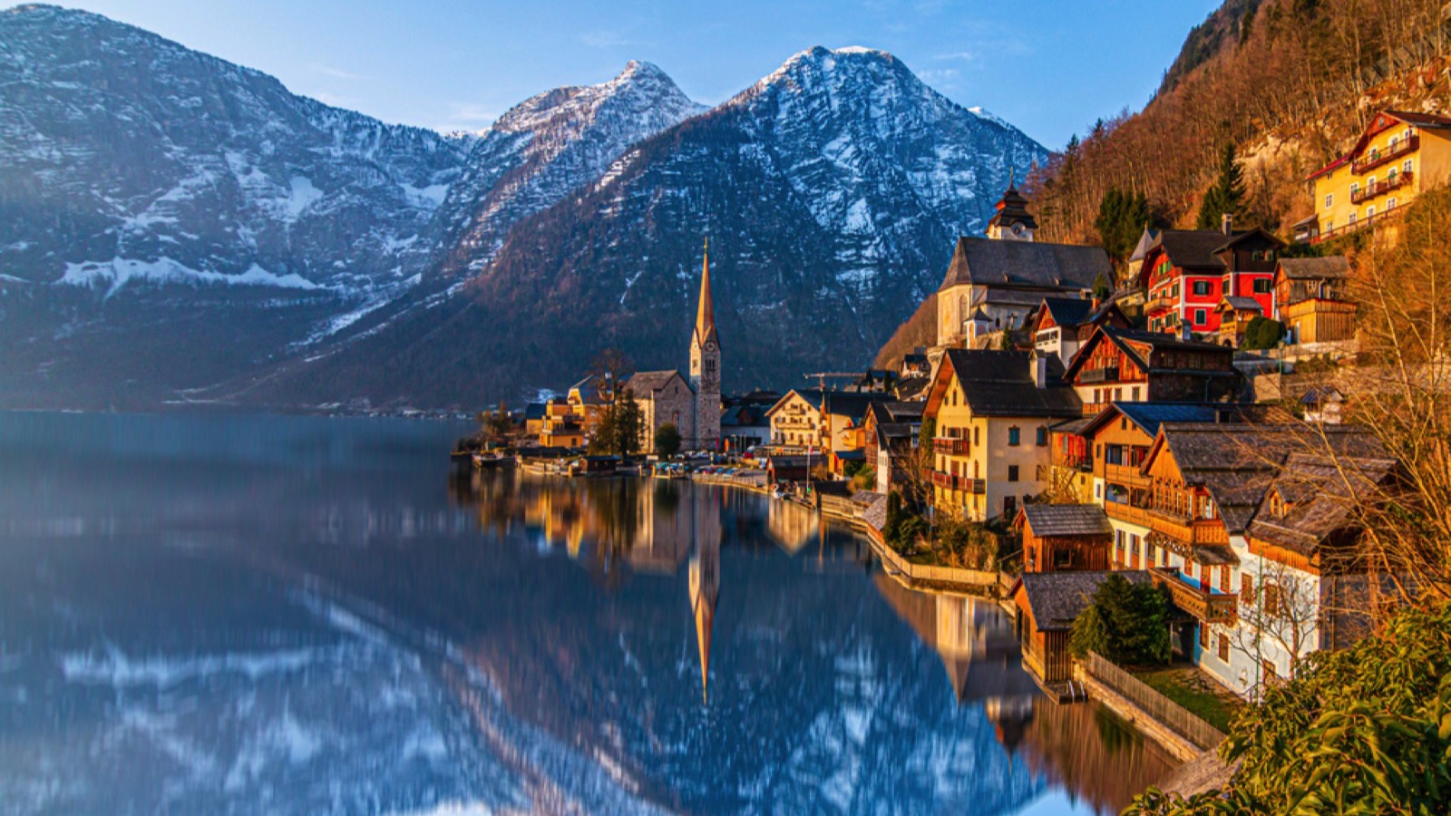 HALLSTATT, AUSTRIA. Beautiful autumn view of Hallstatt with reflection. Hallstatt is a small town in Austria.