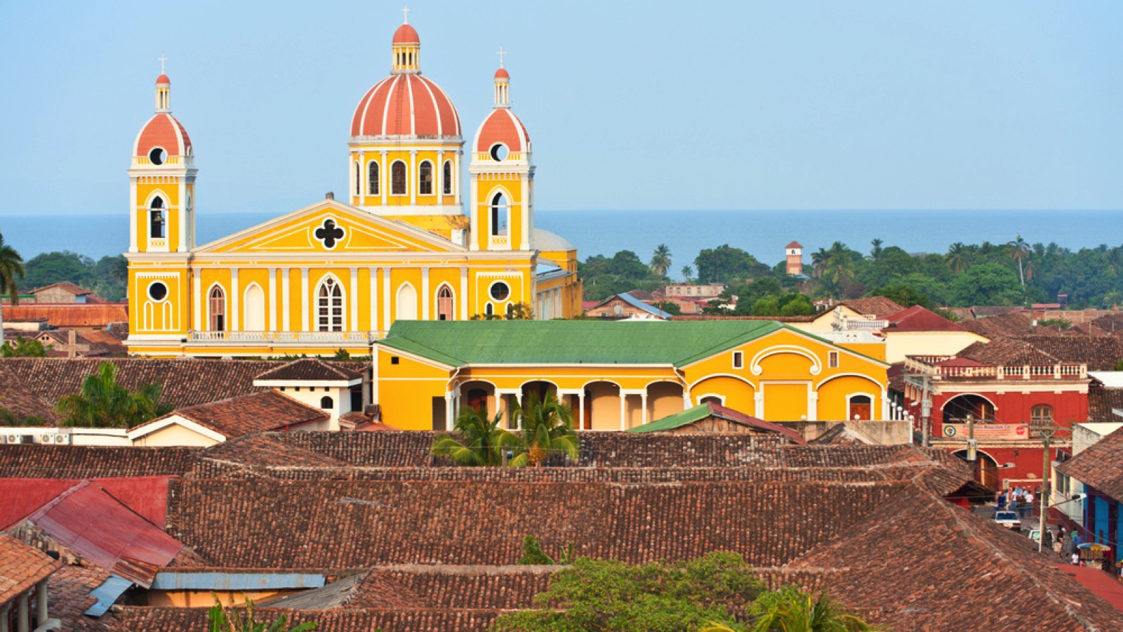 Granada cathedral and lake Nicaragua on the background, Nicaragua.