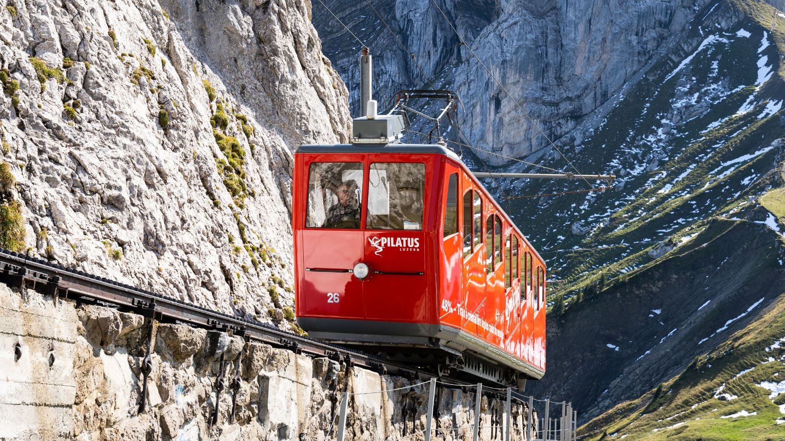 The famous cogwheel train, the steepest in the world, climbs to the top of Mount Pilatus in Canton Lucerne in the alps in Switzerland