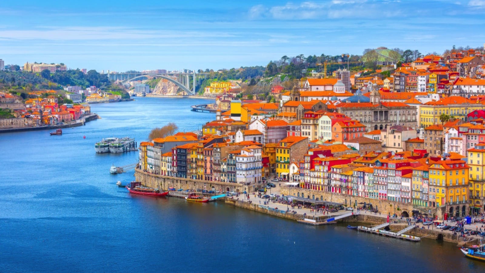 Porto, Portugal old town ribeira aerial promenade view with colorful houses, Douro river and boats