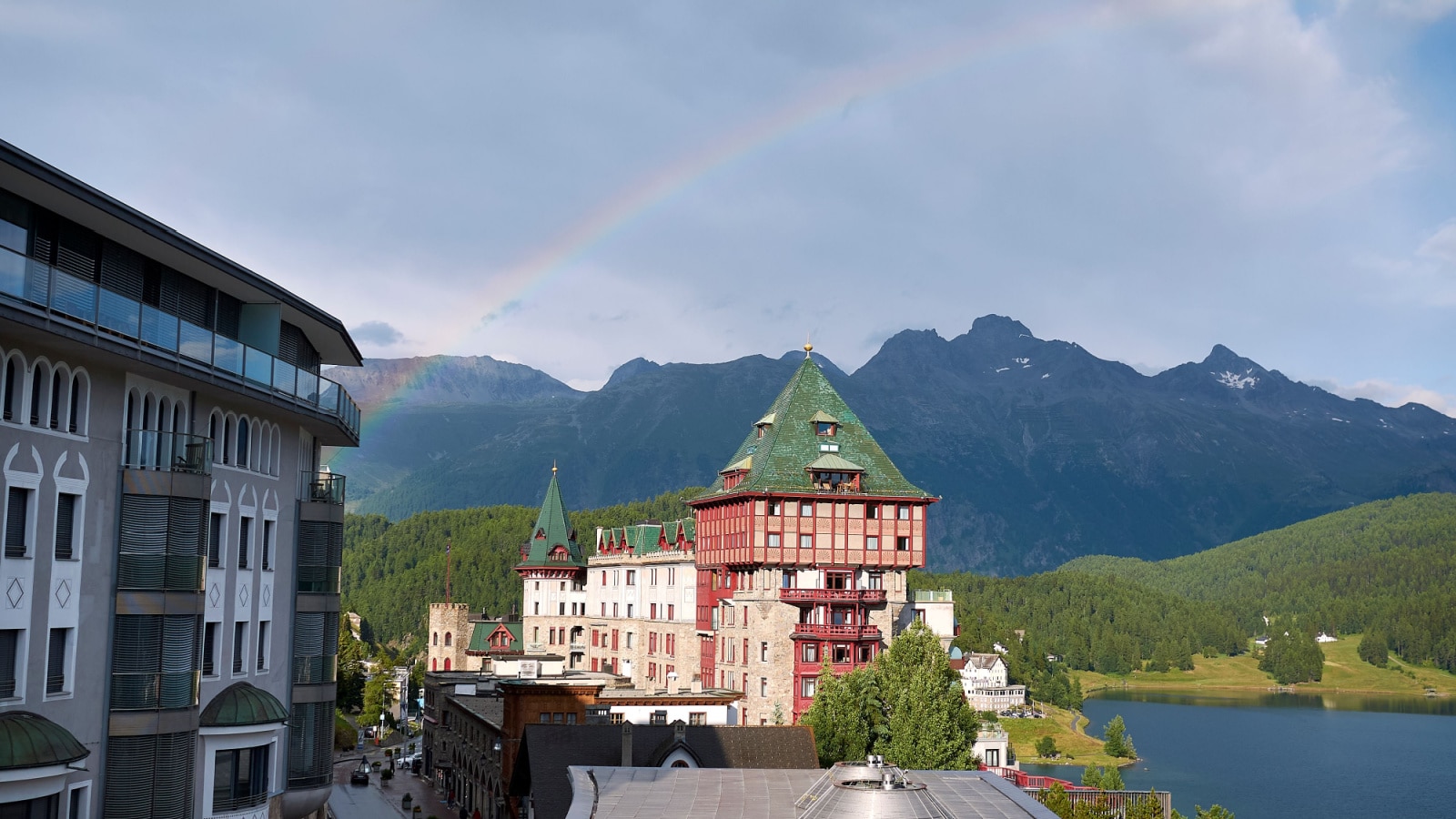 Saint Moritz, Switzerland - July 21, 2020: View of Badrutt's Palace Hotel