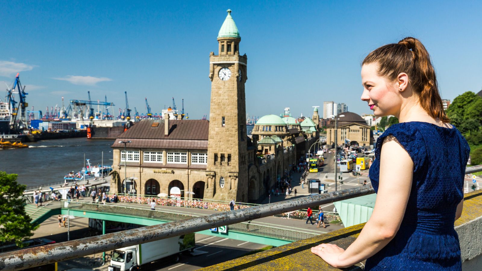 Girl in front of the St-Pauli Landing Piers in Hamburg