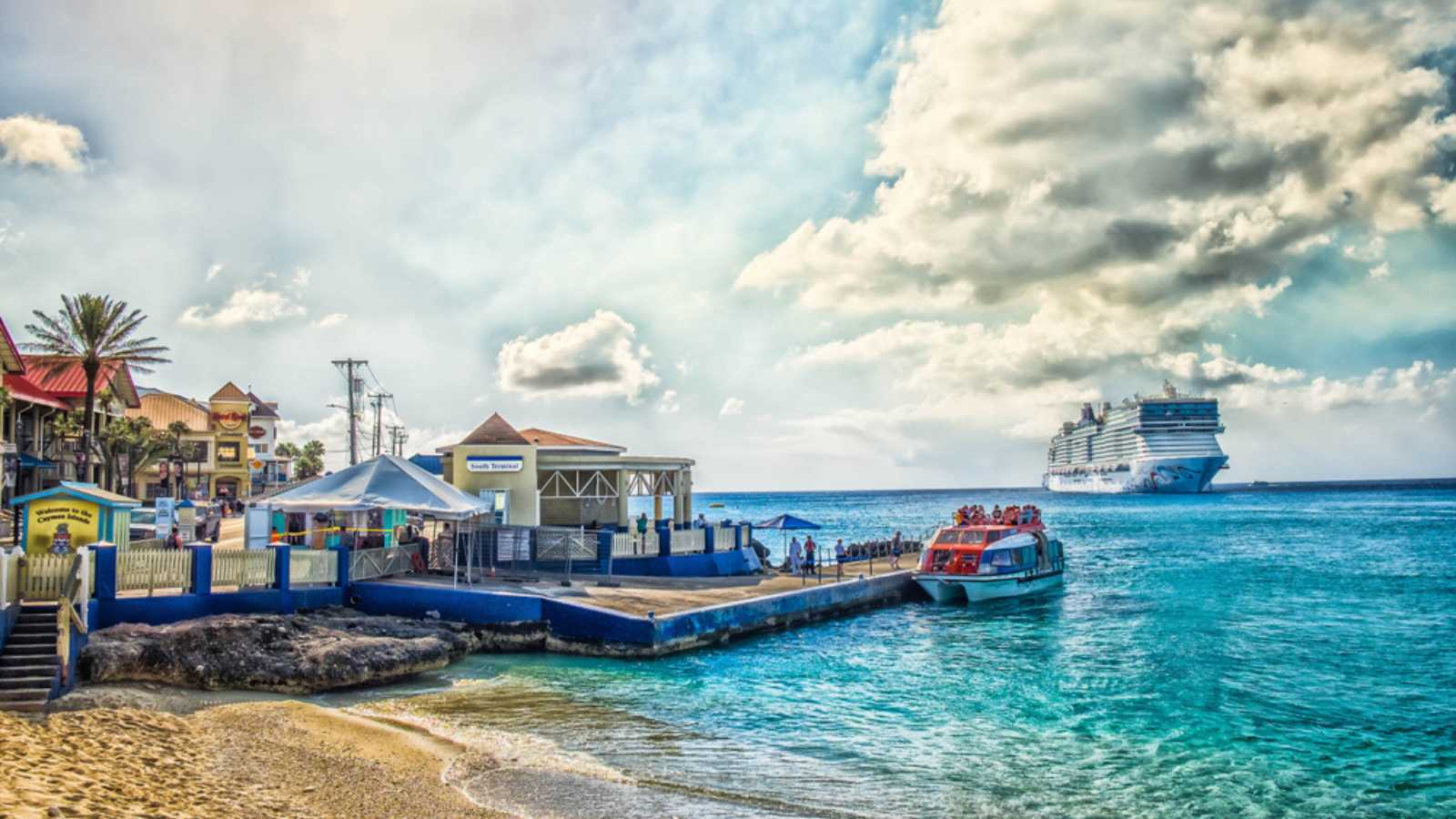 Grand Cayman, Cayman Islands, Feb 2018, tourists embarking on a marine shuttle at George Town port South terminal