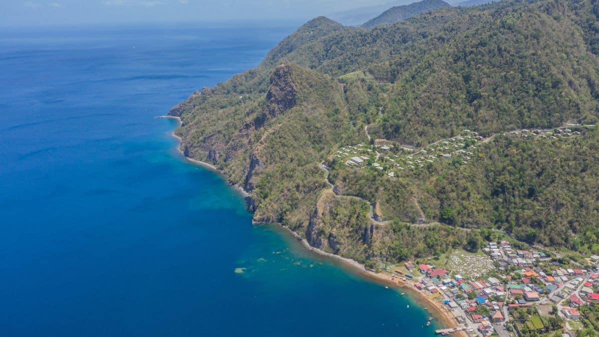 Aerial picture of Soufriere Bay next to Champagne Reef in southern Dominica island