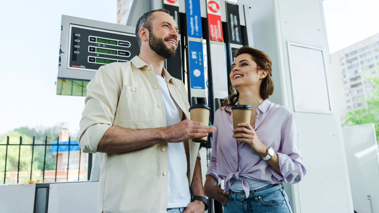 Couples drinking coffee in Gas Station