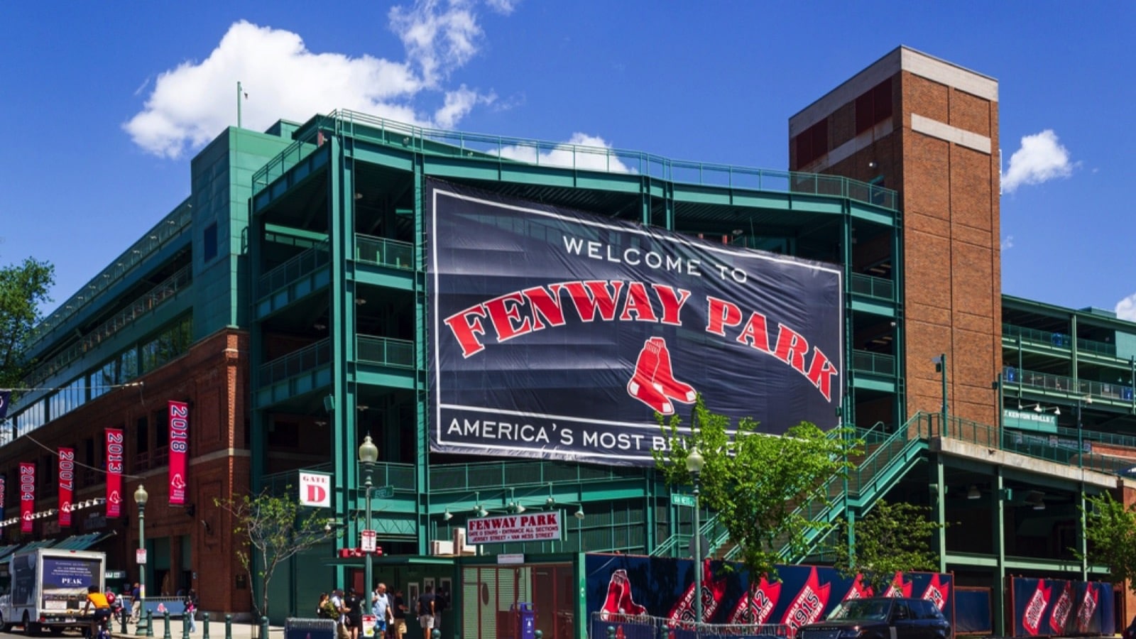 Boston, MA, USA. May 17, 2022: Facade of Fenway Park, stadium of Boston Red Sox.