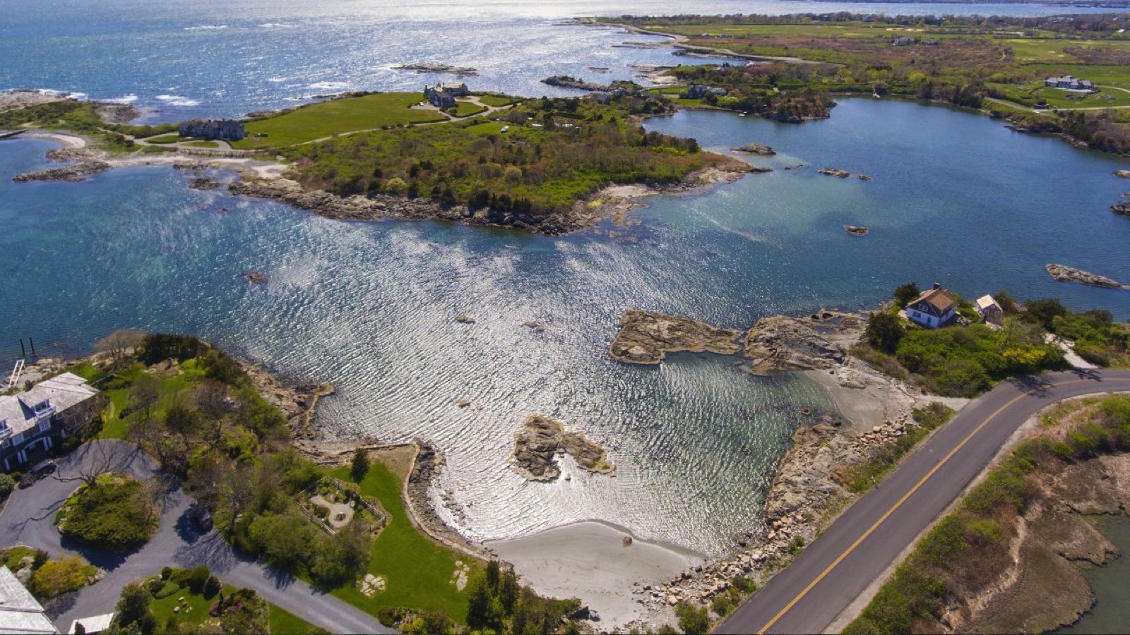 Aerial view of Mansions at Ocean Drive Historic District near Goose Neck in city of Newport, Rhode Island RI, USA.