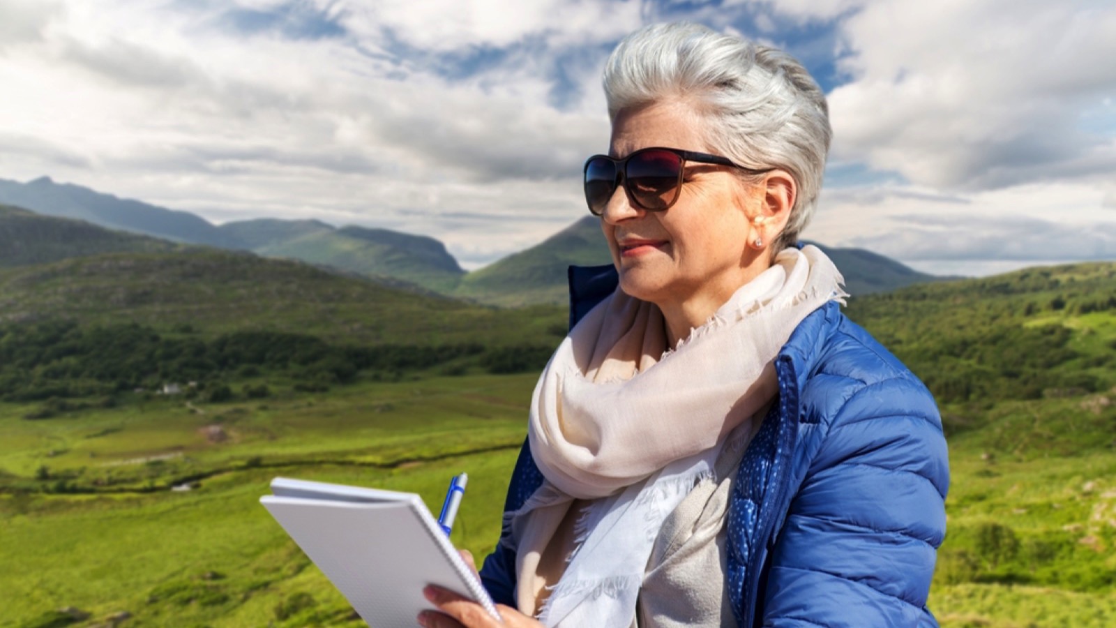 Old woman traveling and writing