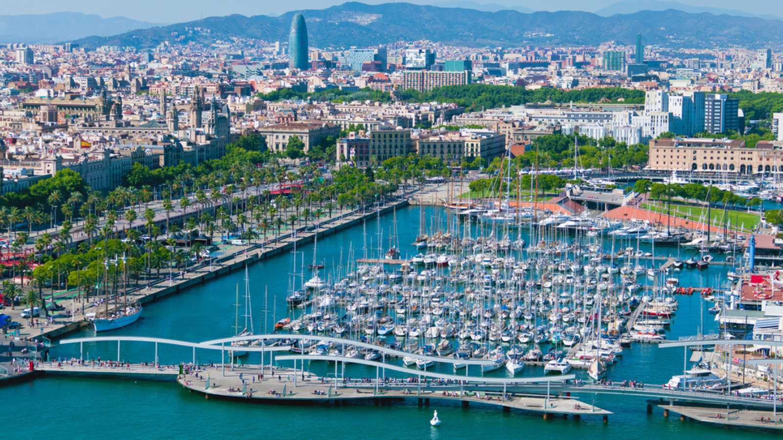 Barcelona port view from the air. Luxurious port in Barcelona, Spain.