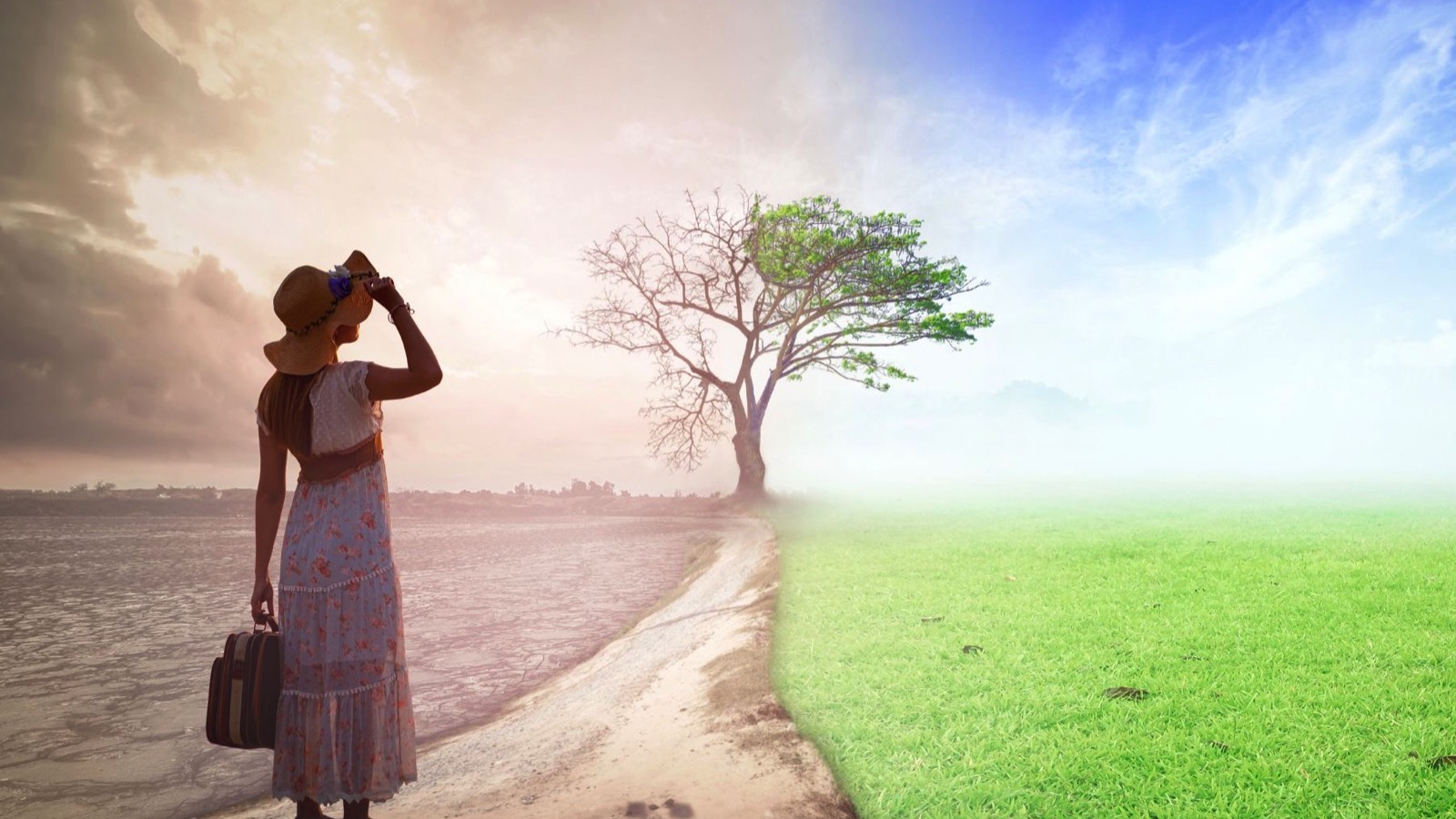 Woman-standing-between-climate-worsened-with-good-atmosphere