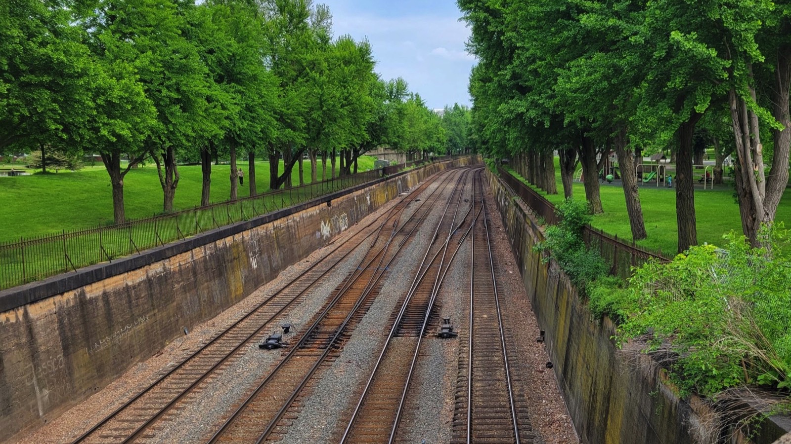 Railroad tracks that bisect Allegheny Commons Park West, Pittsburgh, Pennsylvania