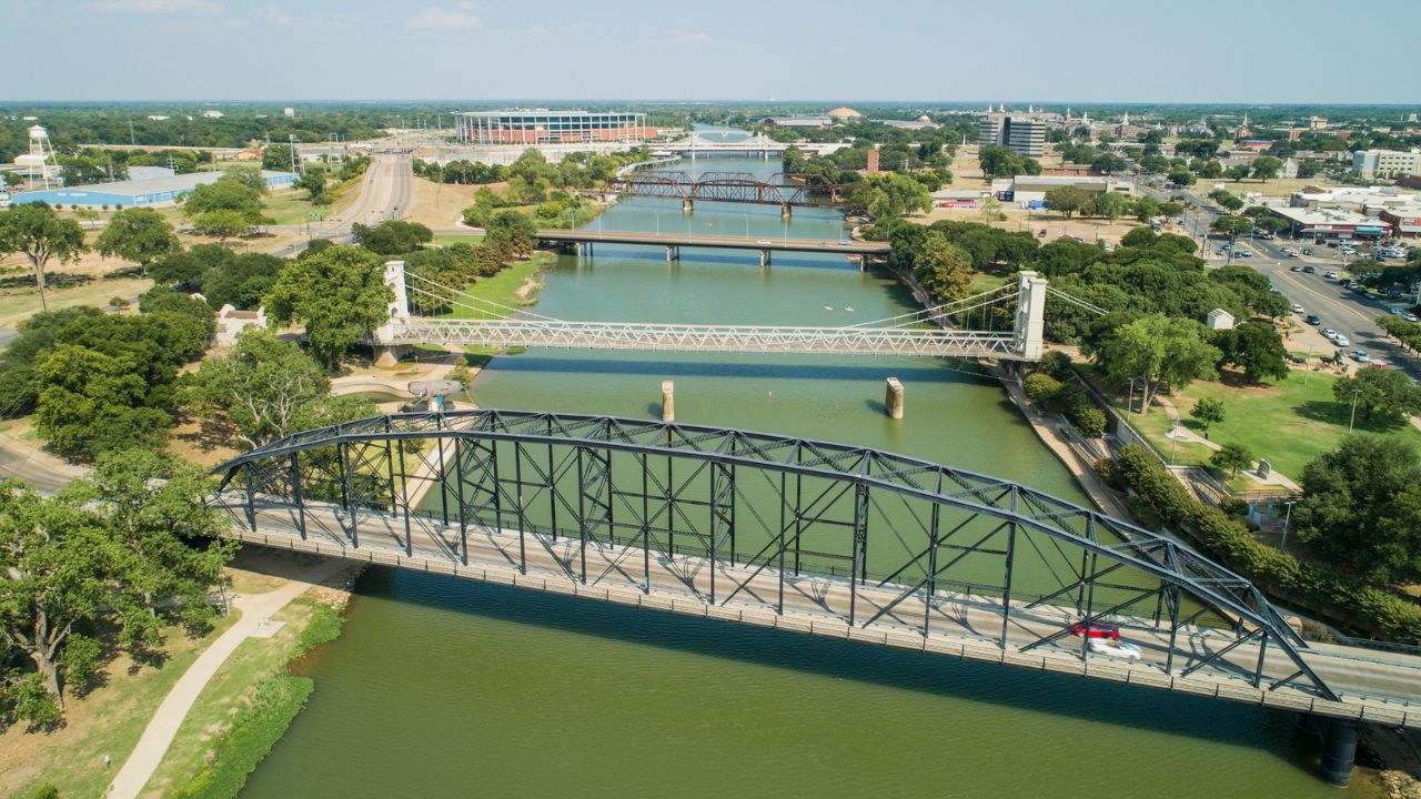 Aerial drone photo bridges over Brazos River Waco Texas