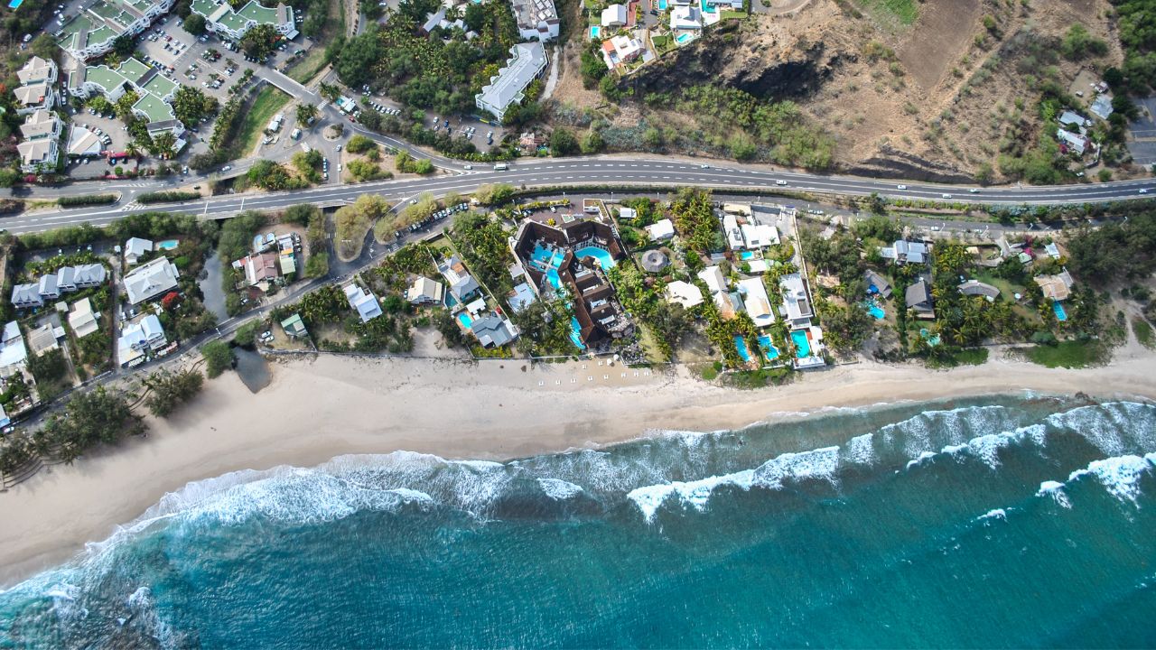 Old effect picture, aerial view on coast, Reunion Island, France